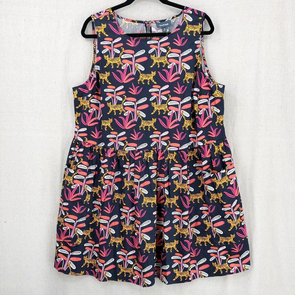 Modcloth 1X Bold Notion Sleeveless Dress Navy Jungle Cat Print Pockets Cotton